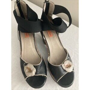 Miz Mooz New York Black Leather Platform Wedge Sandals Size 10/41 FLAWED
